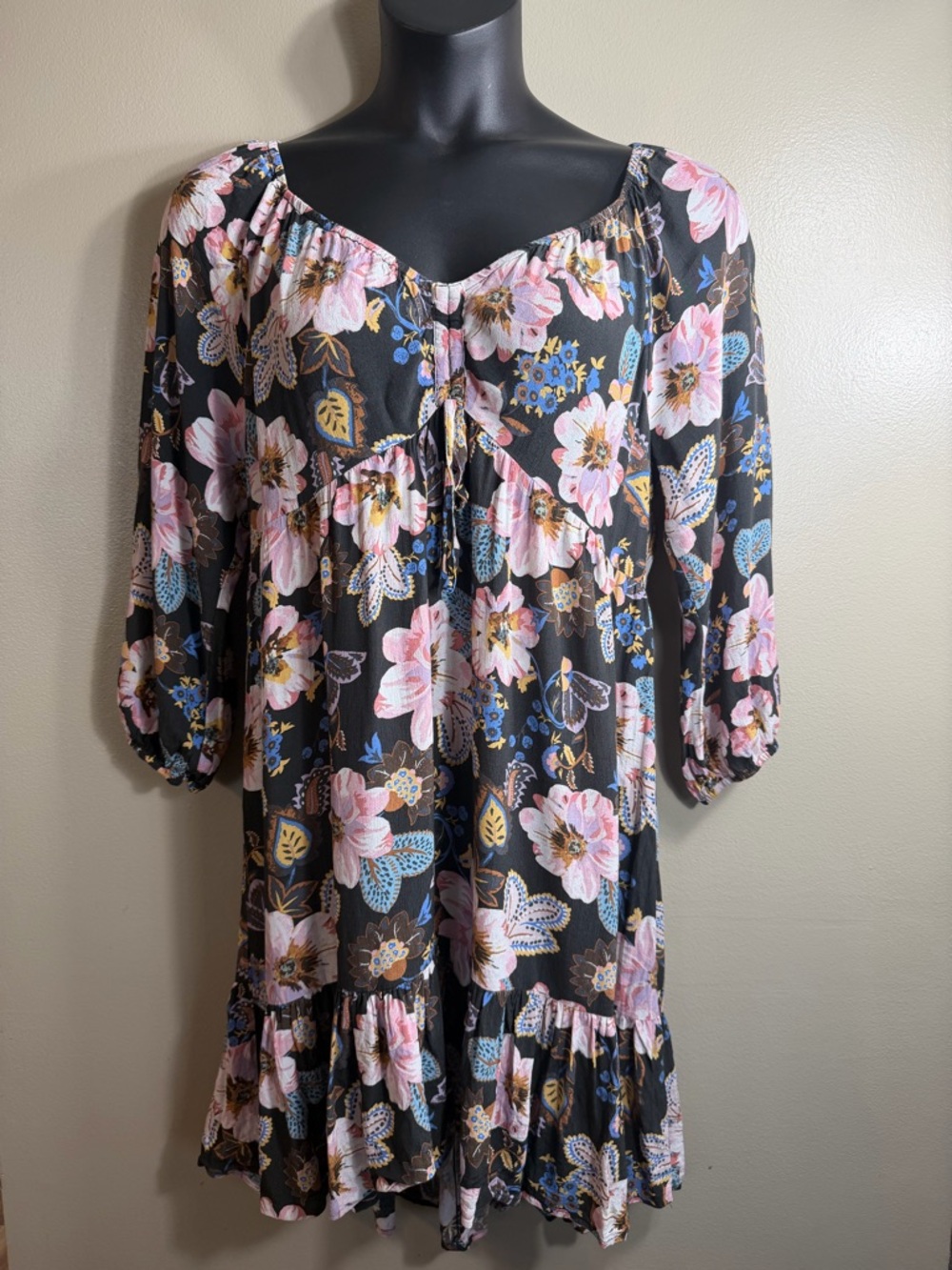 LoveStitch Missed Connection Mini Dress Floral Boho Peasant Size L Flowy
